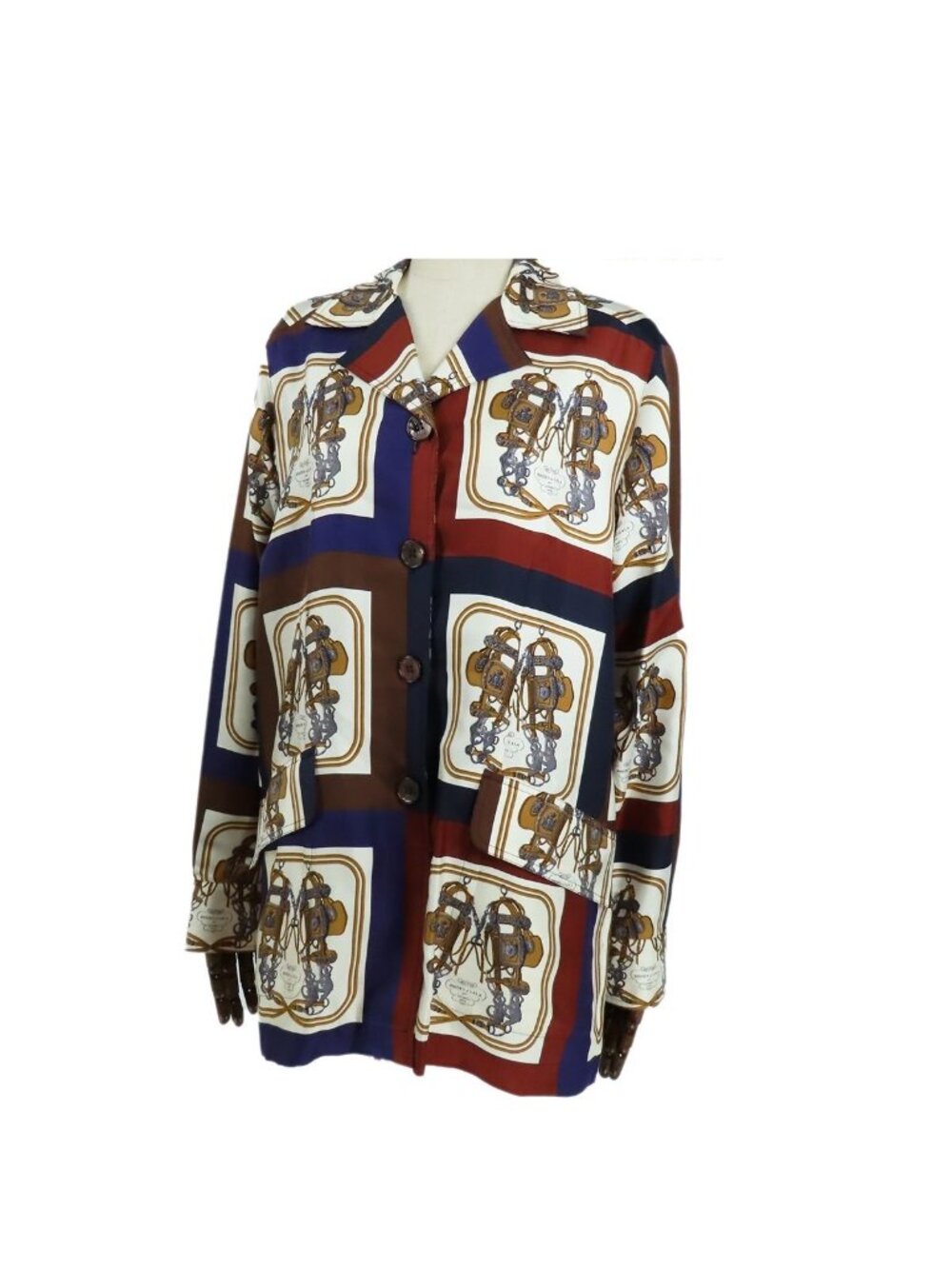 Hermes Open Collar Shirt Ivory Brown Blue Silk Bride de Gala Long Sleeve Top